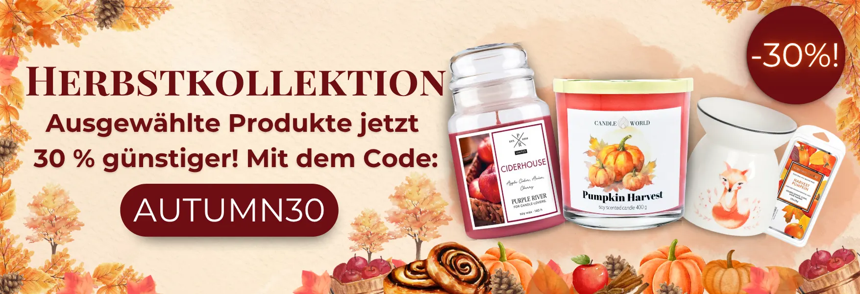 Herbstkerzen und Accessoires 30 % günstiger bei Candle World!