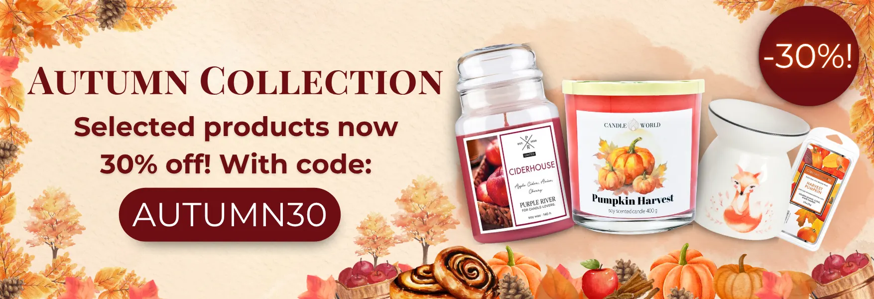 Autumn candles and accessories 30% off at Candle World!