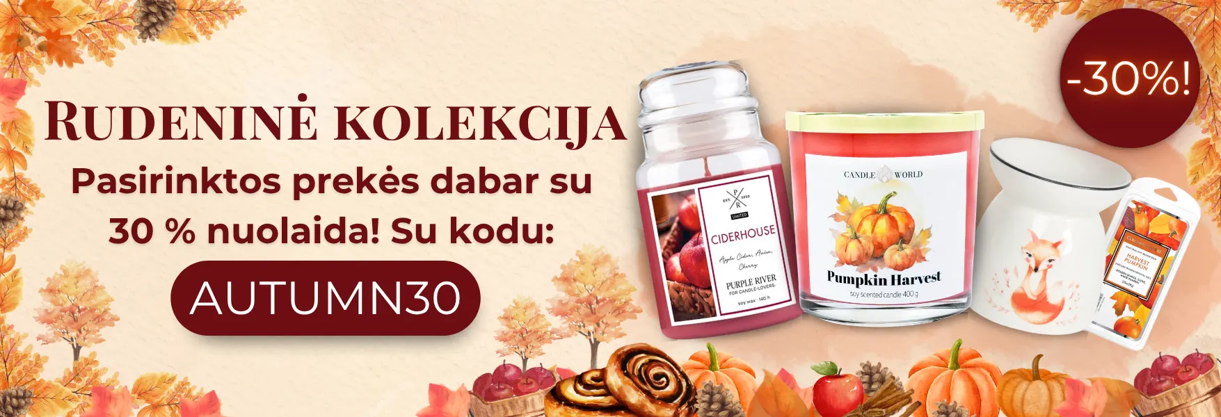 Rudeniniai žvakės ir aksesuarai –30 % Candle World parduotuvėje!