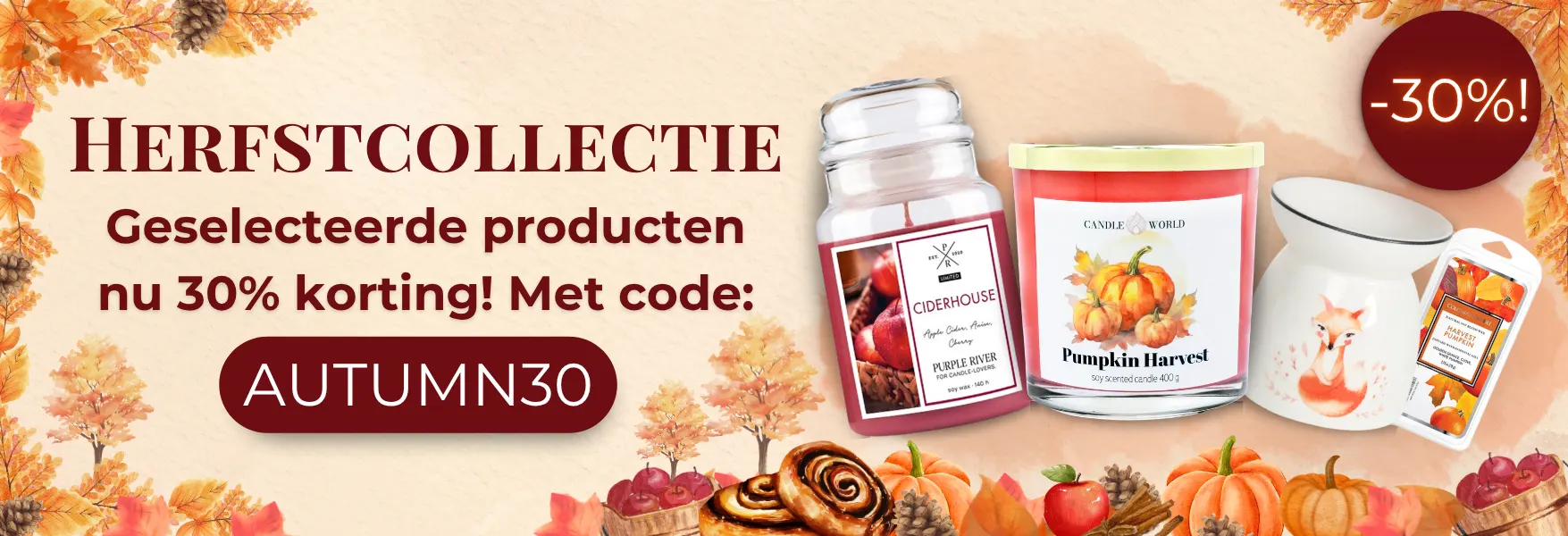Herfstkaarsen en accessoires 30% korting bij Candle World!