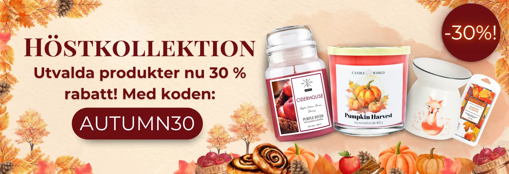 Höstljus och tillbehör 30 % rabatt hos Candle World!