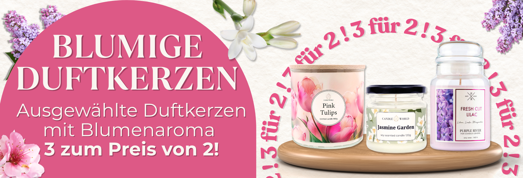 Blumige Kerzen 3 zum Preis von 2!