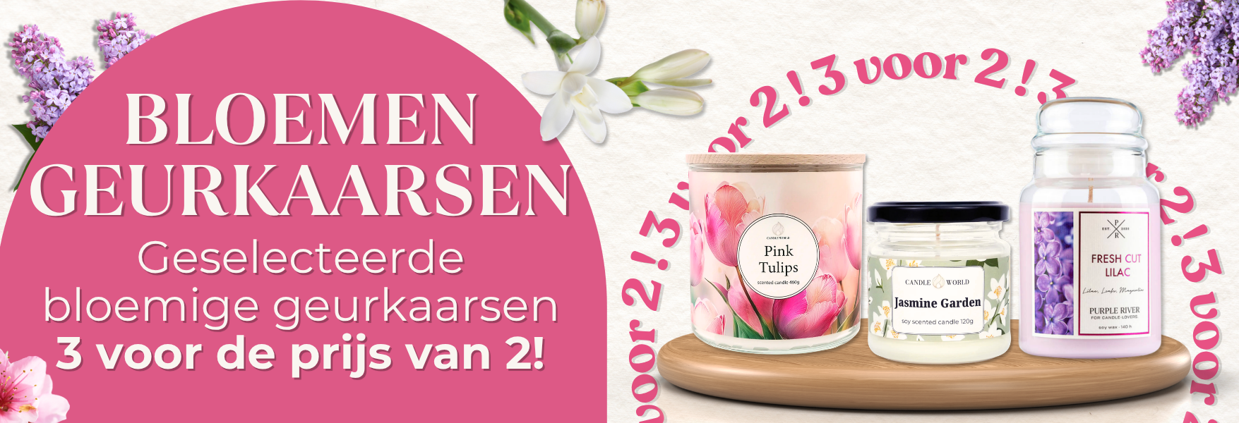 Bloemige kaarsen 3 voor de prijs van 2!