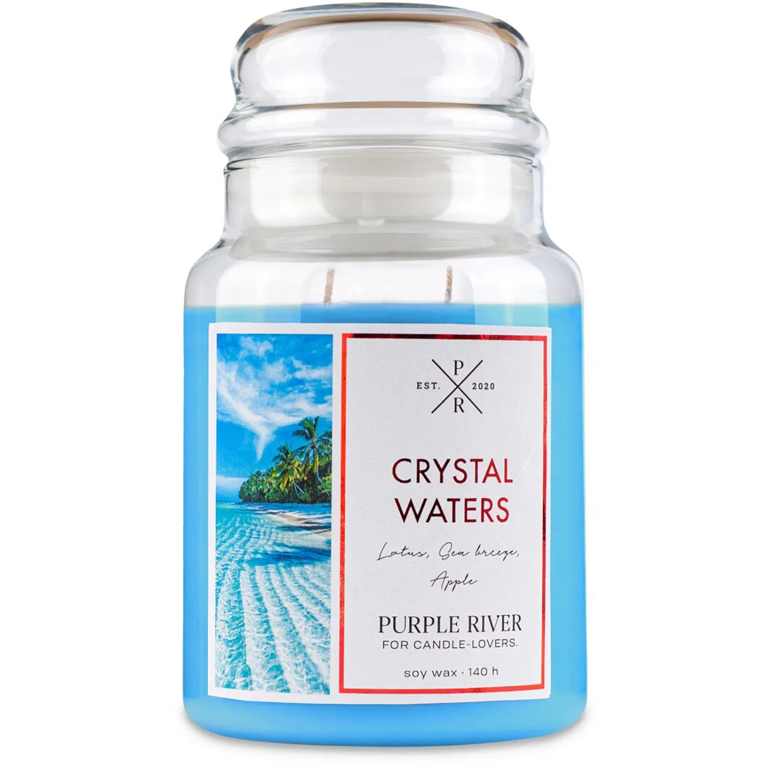 Soy scented candle Crystal Waters brand Purple River