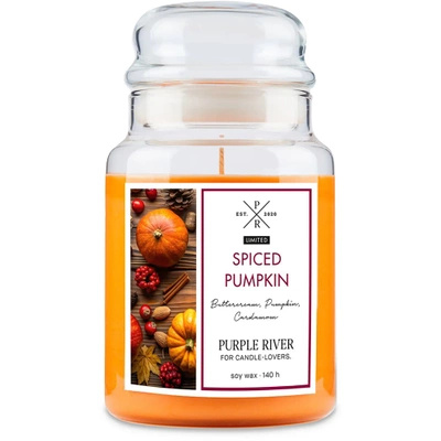 Didelė stiklinė sojų kvapo žvakė aštrus moliūgas Spiced Pumpkin Purple River 623 g