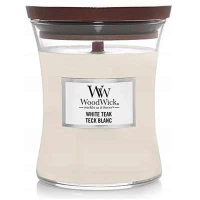 WoodWick malá vonná sviečka s dreveným knôtom 85g - Biele teakové drevo