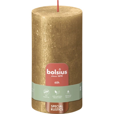 Bolsius Rustic Shimmer Stamm Kerze rustikal metallisiert unparfümiert 13 cm 130/68 mm - Golden Gold