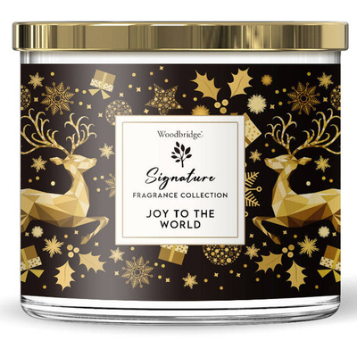 Candela profumata natalizia grande in vetro con tre stoppini Joy To The World Woodbridge Candle 410 g