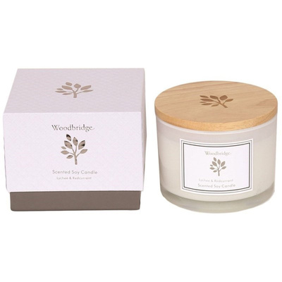 Candela grande profumata alla soia in vetro di latte come regalo confezionata in una scatola Lychee Redcurrant Woodbridge Candle 370 g