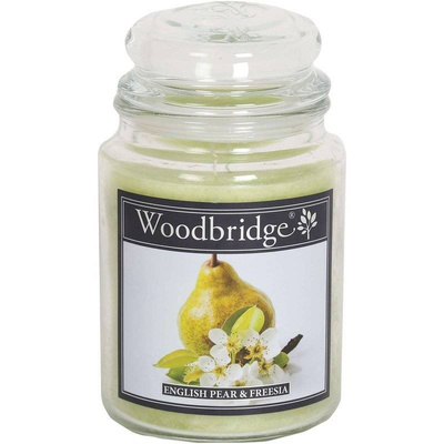 Grande bougie parfumée dans un pot en verre à deux mèches Freesia Poire Anglaise Woodbridge Candle 565 g