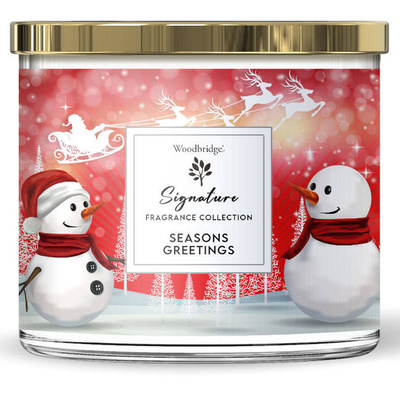 Grande bougie parfumée de Noël en verre à trois mèches Seasons Greetings Woodbridge Candle 410 g