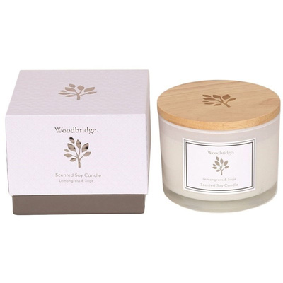 Grande bougie parfumée au soja dans un verre de lait en cadeau, emballée dans une boîte Citronnelle Sauge Woodbridge Candle 370 g