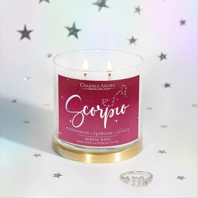Charmed Aroma joya vela perfumada de soja con anillo de plata 12 oz 340 g - Signo del zodiaco Escorpio