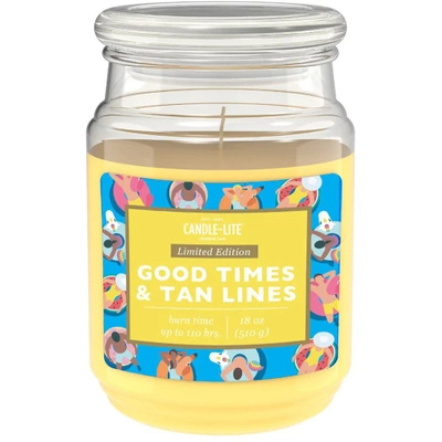 Candela grande profumata per le vacanze in vetro Good Times Tan Lines Candle-lite 510 g