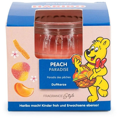 Vela aromática en una caja gominolas melocotón Haribo Peach Paradise 85 g