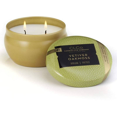 Candela profumata in scatola di metallo con due stoppini Vetiver Muschio di Quercia Candle-lite 177 g