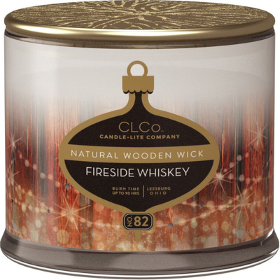 Candela profumata natalizia grande in vetro con stoppino in legno coperchio dorato Fireside Whisky Candle-lite 396 g