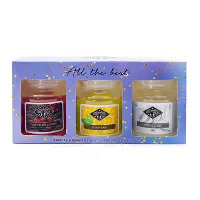 Candela profumata alla soia in set regalo di vetro in una scatola Candle Brothers All The Best - Amarena Limone Basilico Fresh Cotton 3 x 113 g