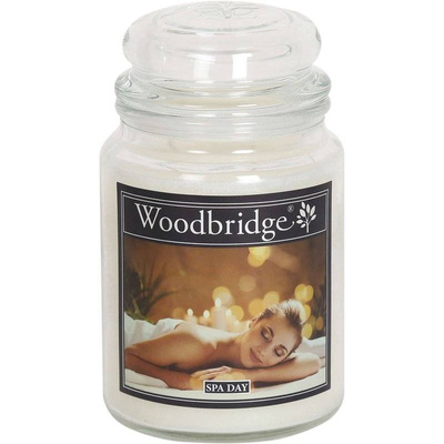 Grande bougie parfumée dans un pot en verre avec deux mèches Spa Day Woodbridge Candle 565 g