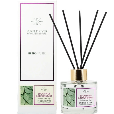 Patyczki zapachowe w szklanym flakonie zapakowane w pudełko Eucalyptus Lemongrass Purple River 100 ml