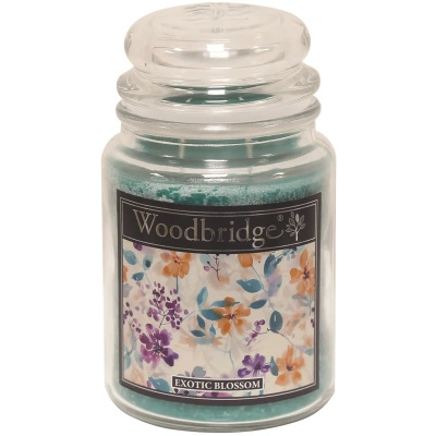 Velká vonná svíčka ve skleněné dóze se dvěma knoty Exotic Blossom Woodbridge Candle 565 g