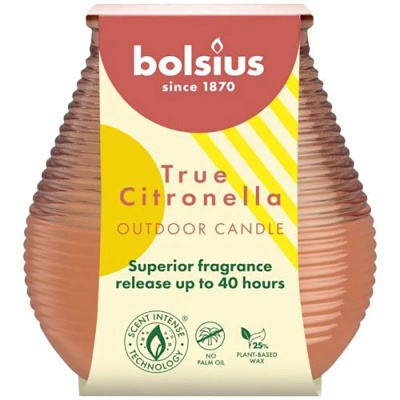 Bolsius "Patio Light" sodo žvakė su kvapiuoju stiklu nuo jūros True Citronella - Apelsinų