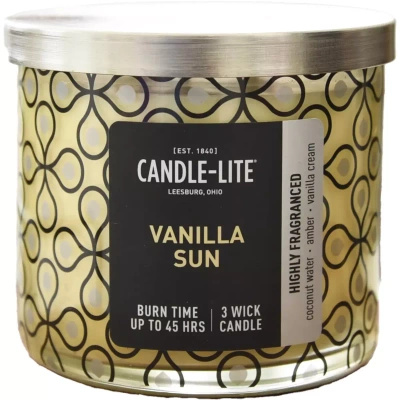 Candela profumata grande in vetro con stampa 3 stoppini Vanilla Sun Candle-lite, 396 g