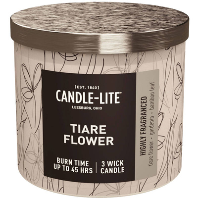 Candela profumata grande in vetro con stampa 3 stoppini Tiarè Flower Candle-lite 396 g