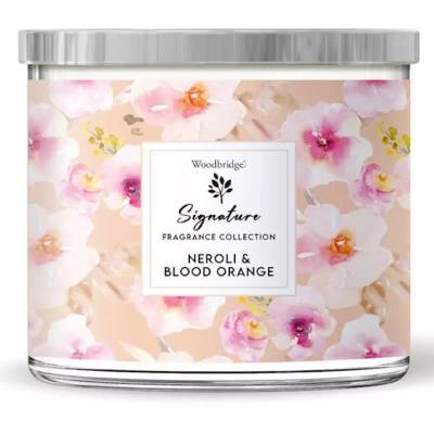 Duża świeca zapachowa w szkle z trzema knotami Neroli Blood Orange Woodbridge Candle 410 g