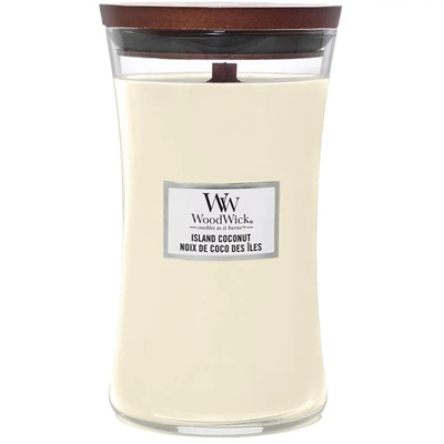 "WoodWick" didelė kvapioji žvakė su medine dagtimi 21,5 oz 610 g - Island Coconut