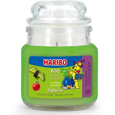 Haribo pequeña vela perfumada en vaso Boo gominolas de manzana Halloween 85 g