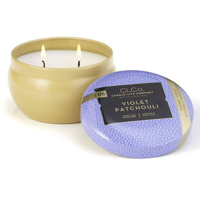 Bougie parfumée dans une boîte en métal avec deux mèches Violet Patchouli Candle-lite 177 g