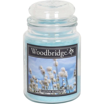 Candela profumata grande in barattolo di vetro con due stoppini Cotton Blossom Woodbridge Candle 565 g