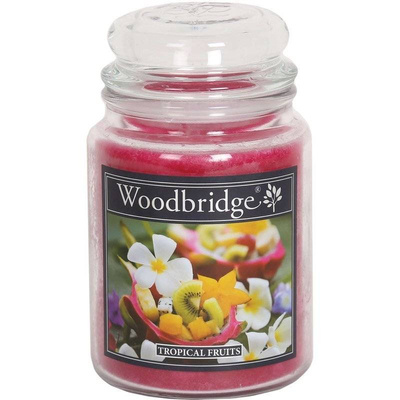 Duża świeca zapachowa w szklanym słoju z dwoma knotami Tropical Fruits Woodbridge Candle 565 g