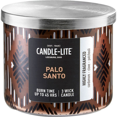 Duża świeca zapachowa w szkle z nadrukiem 3 knoty Palo Santo Candle-lite 396 g