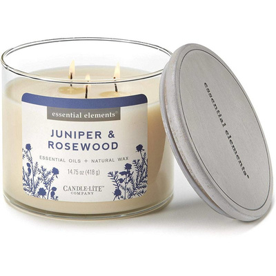 Grande bougie parfumée soja aux huiles essentielles en verre 3 mèches Juniper Rosewood Candle-lite 418 g