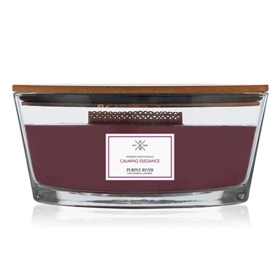 Candela profumata grande in vetro ovale con stoppino in legno Calming Elegance 453 g Purple River