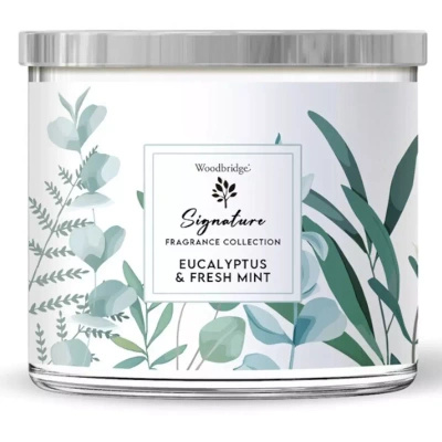 Duża świeca zapachowa w szkle z trzema knotami Eucalyptus Fresh Mint Woodbridge Candle 410 g