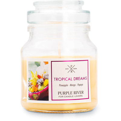 Candela profumata di soia in vetro ananas mango papaia Tropical Dreams Purple River 113 g