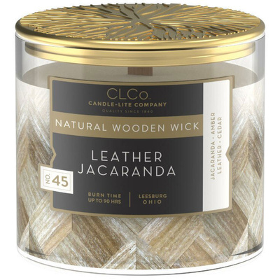 Candela profumata grande in vetro con stoppino in legno Leather Jacaranda Candle-lite 396 g