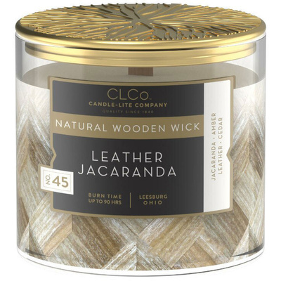 Duża świeca zapachowa w szkle z drewnianym knotem Leather Jacaranda Candle-lite 396 g
