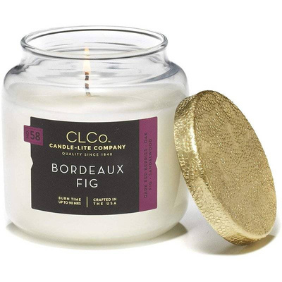 Grande bougie parfumée fruitée en verre avec couvercle doré Bordeaux Fig Candle-lite 396 g