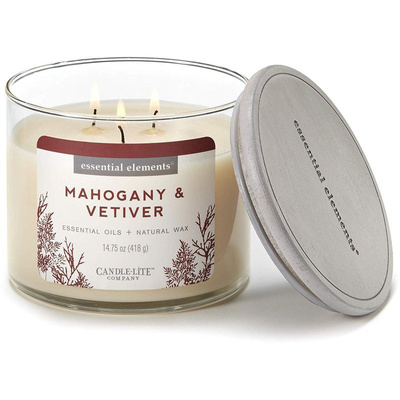 Grande bougie parfumée soja aux huiles essentielles en verre 3 mèches Mahogany Vetiver Candle-lite 418 g