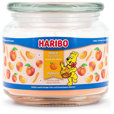 Vonná svíčka ve skle broskvové želé fazole Haribo Peach Paradise 300 g