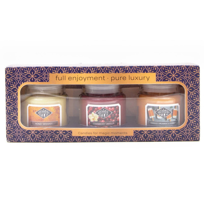 Candela profumata alla soia in set regalo di vetro in una scatola Candle Brothers Full Enjoyment - Sorbetto al miele whisky arancia mirtillo rosso vaniglia 3 x 85 g