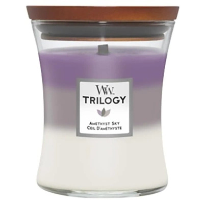 WoodWick Trilogy candela profumata media tricolore con stoppino in legno 9,7 oz 275 g - Amethyst Sky