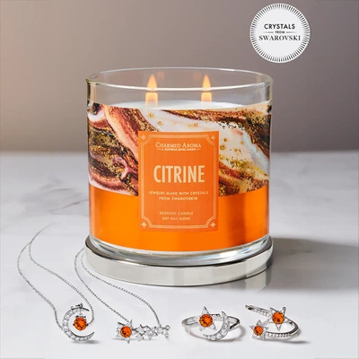 Charmed Aroma jewel soy scented candle with silver Necklace 12 oz 340 g - Citrine