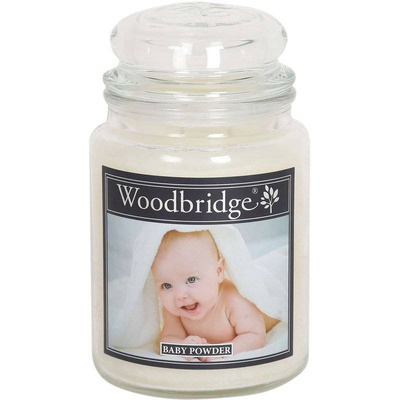 Duża świeca zapachowa w szklanym słoju z dwoma knotami Baby Powder Woodbridge Candle 565 g