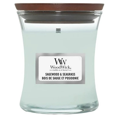 WoodWick mała świeca zapachowa z drewnianym knotem drzewna 85 g - Sagewood & Seagrass