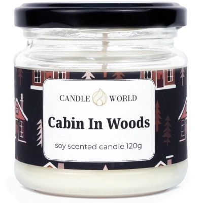 Candle World sojų kvapioji žvakė stiklainyje Cabin In Woods 120 g Medis Kerpės